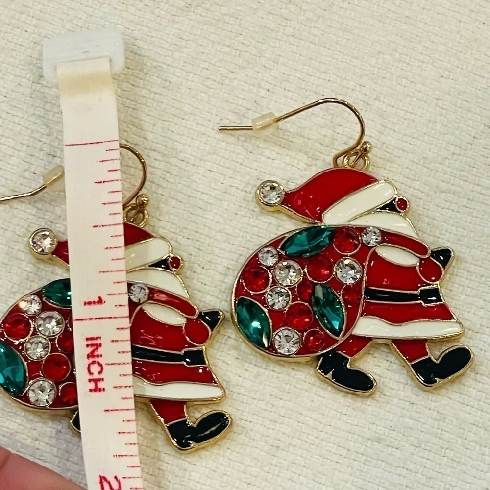 💐5/25 Santa enamel colorful silvertone Christmas earrings rhinestone gift bag